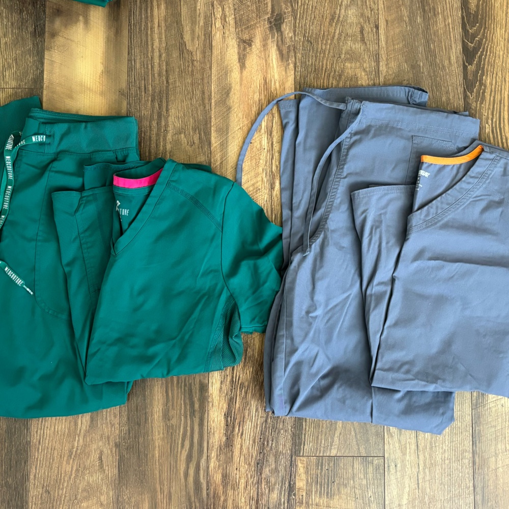 7 scrub tops, 2 bottom/top sets, 3 scrub pants